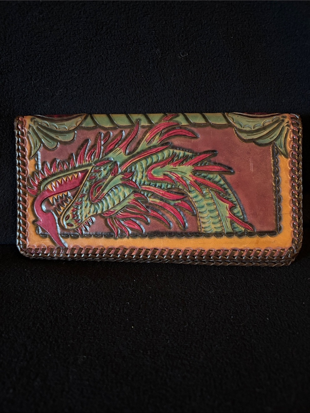 Hand-Tooled Leather Dragon Wallet in Red and Green Unisex